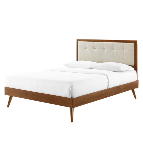 Platform Bed Frame, Tufted, Full Size, Walnut Beige, Wood, Mid Century Bedroom, Modern Contemporary HB35221