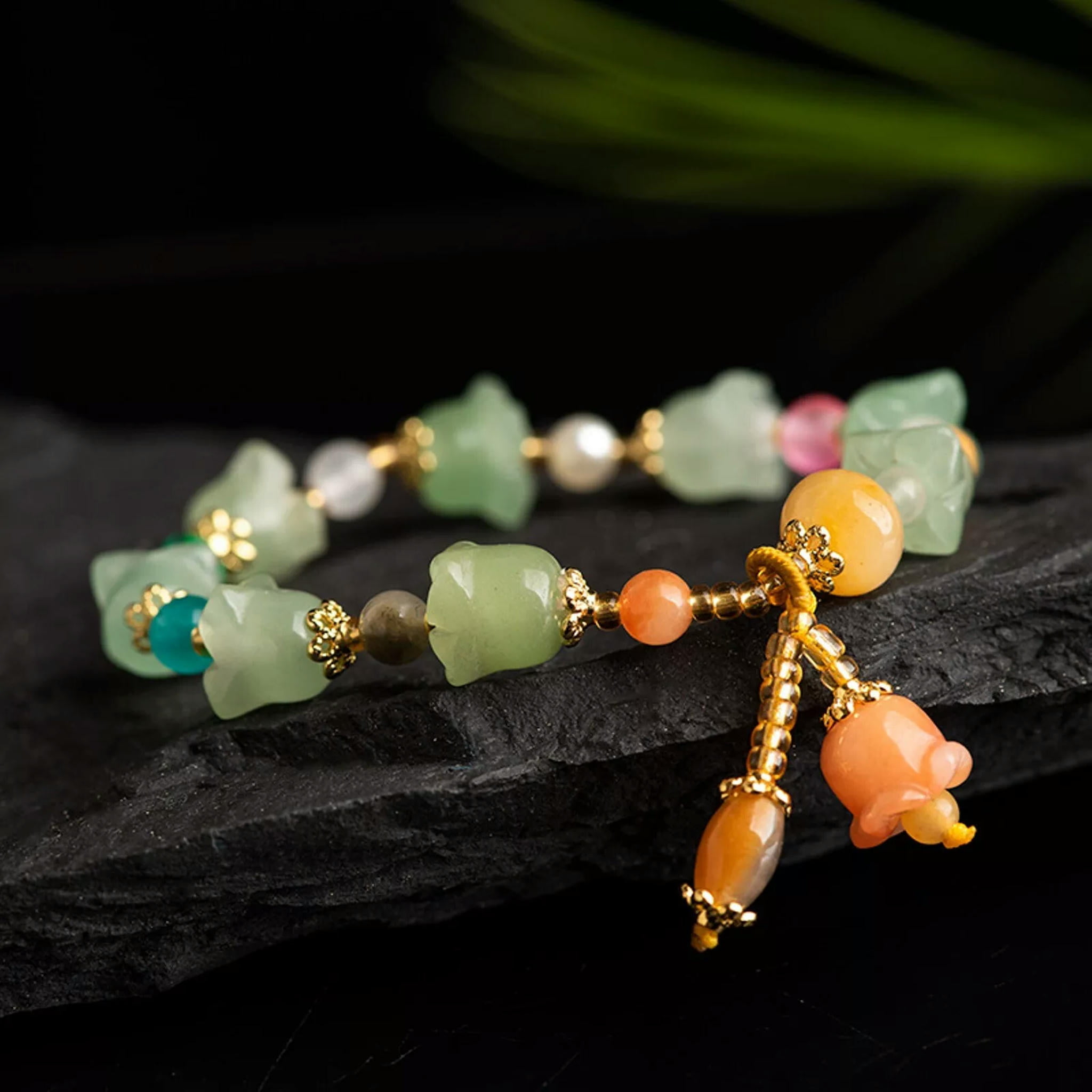 HOOUN Natural Jade Bangle Women Lucky Colourful Flower Beaded Bracelet