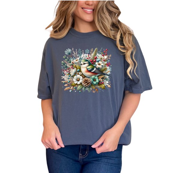 Floral Bird Design Shirt, Nature Inspired Graphic Tee, Colorful Bird and Flower Art T-Shirt, Unique Wildlife Pattern Top, Denim Comfort Colors T-Shirt, Small