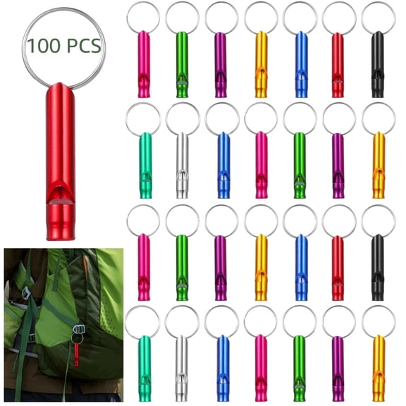 Bulk 100 Packs Emergency Survival Whistle with Keychain - Loud Aluminum Alloy Safety Whistle for Outdoor, Camping, Hiking, Hunting & Rescue