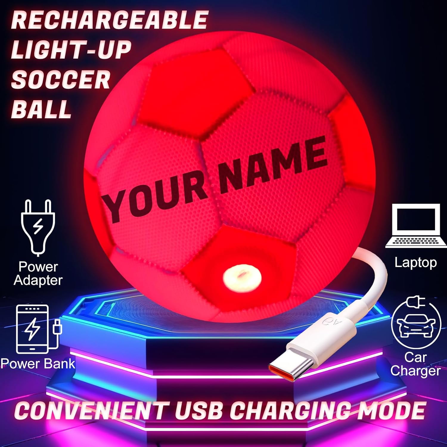 Customized Glow in The Dark Soccer Ball, Personalized Rechargeable Light up Indoor Outdoor Soccer Ball with Charging Cable, Pump and Carry Bag | Glowing Soccer Gift for Teens, Adults