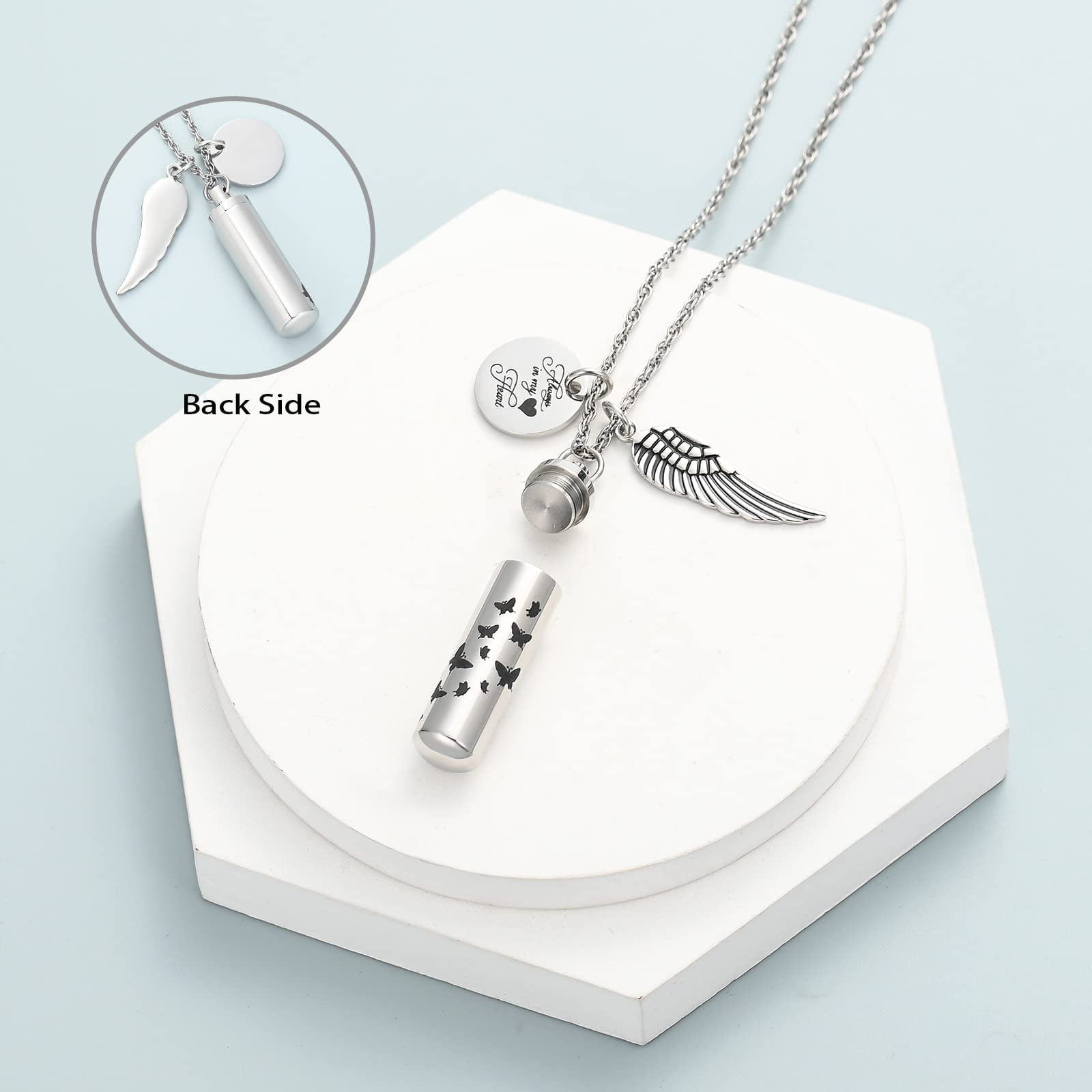Personalize Cylinder Urn Ashes Necklace for Women Men Butterfly Cremation Jewelry Ash Loved One Memorial Angel Wing Pendant
