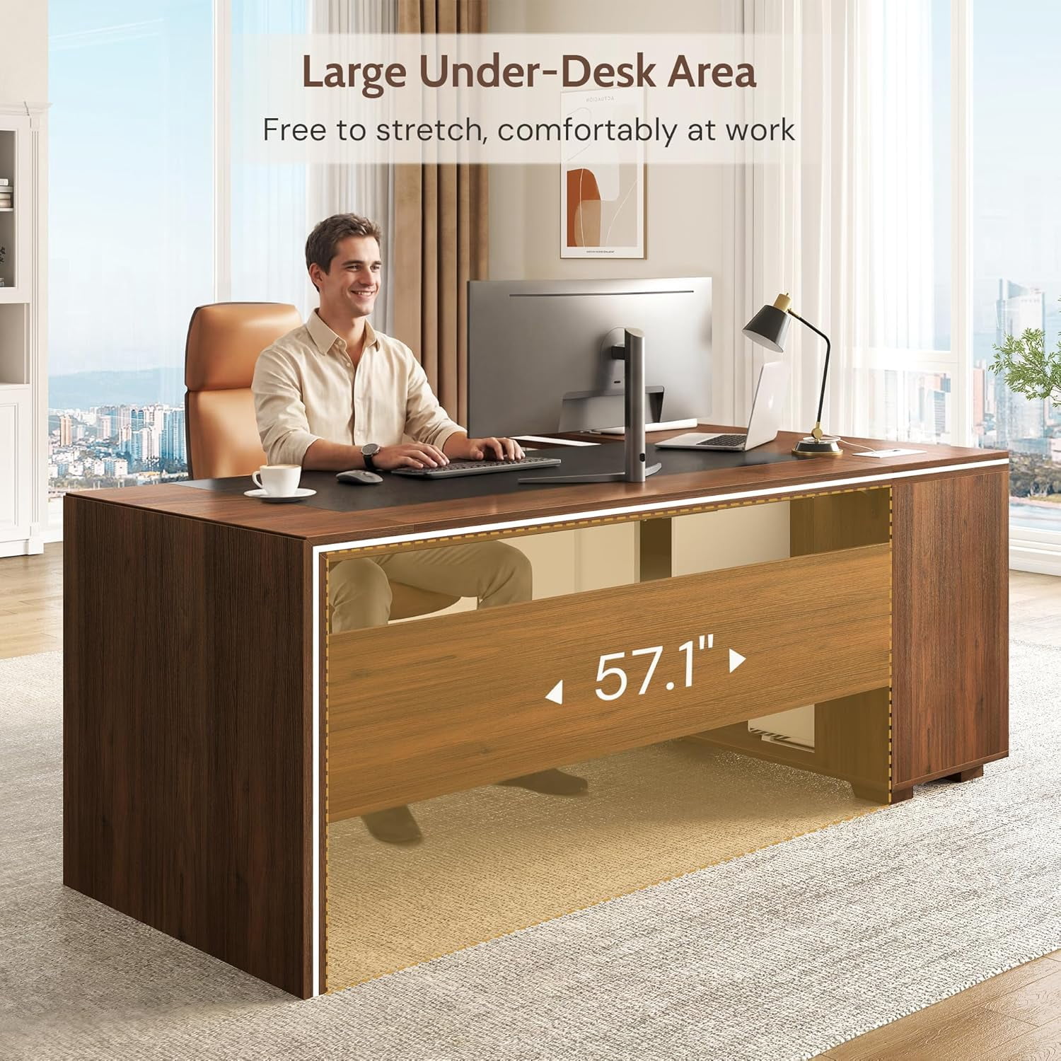Vividwood L-Shaped Executive Desk with Cabinet Storage, 71" Office Computer Desk with Storage Shelves, CPU Stand, Cable Management (Brown)