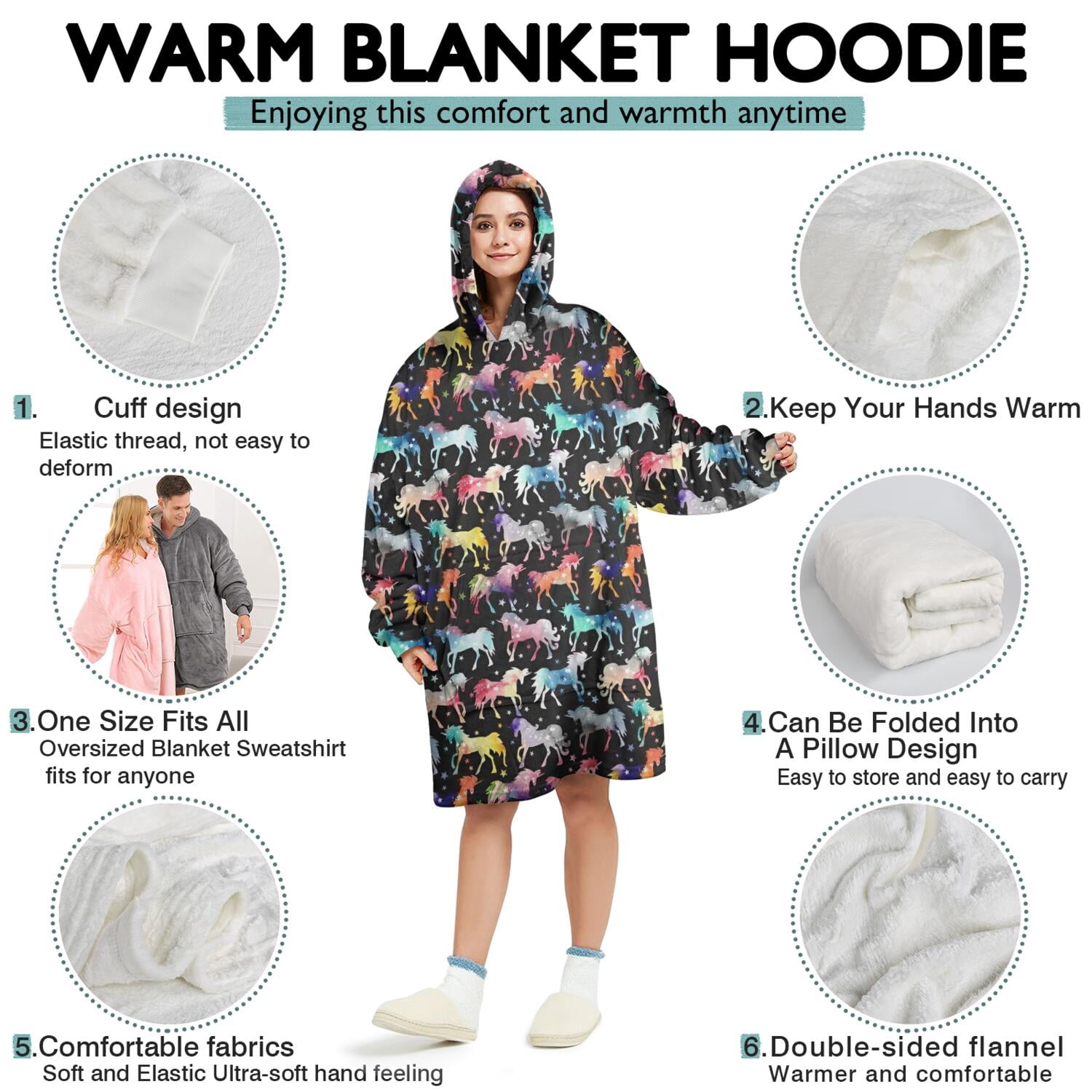 Wearable Oversized Blanket,Black Colorful Horse Pattern Wearable Blanket Hoodie for Adults,Cozy Hooded Blankets with Super Pockets,Super Warm Fuzzy Pullover for Women & Men