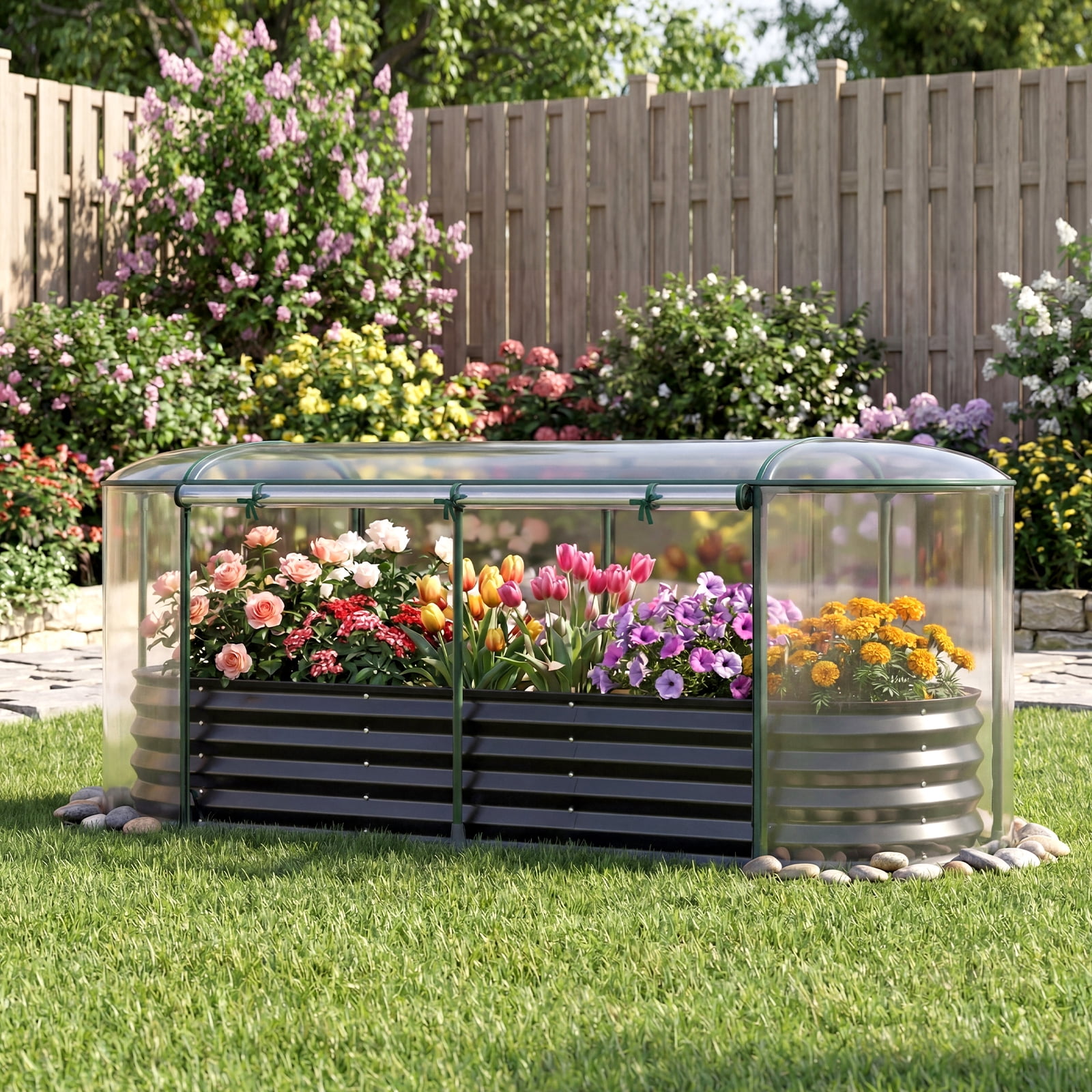 Costway 6 x 2 x 1 FT Color Steel Raised Garden Bed with Greenhouse Cover, Roll-up Window Black + Transparent