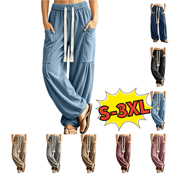 Utoimkio Women's Baggy Wide Leg Pants Casual Drawstring Harem Pants Elastic Waist Boho Casual Trousers with Pockets Size S-3XL