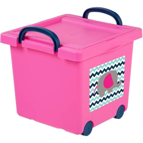 IRIS USA Children's Plastic Toy Storage Box, Pink/Navy