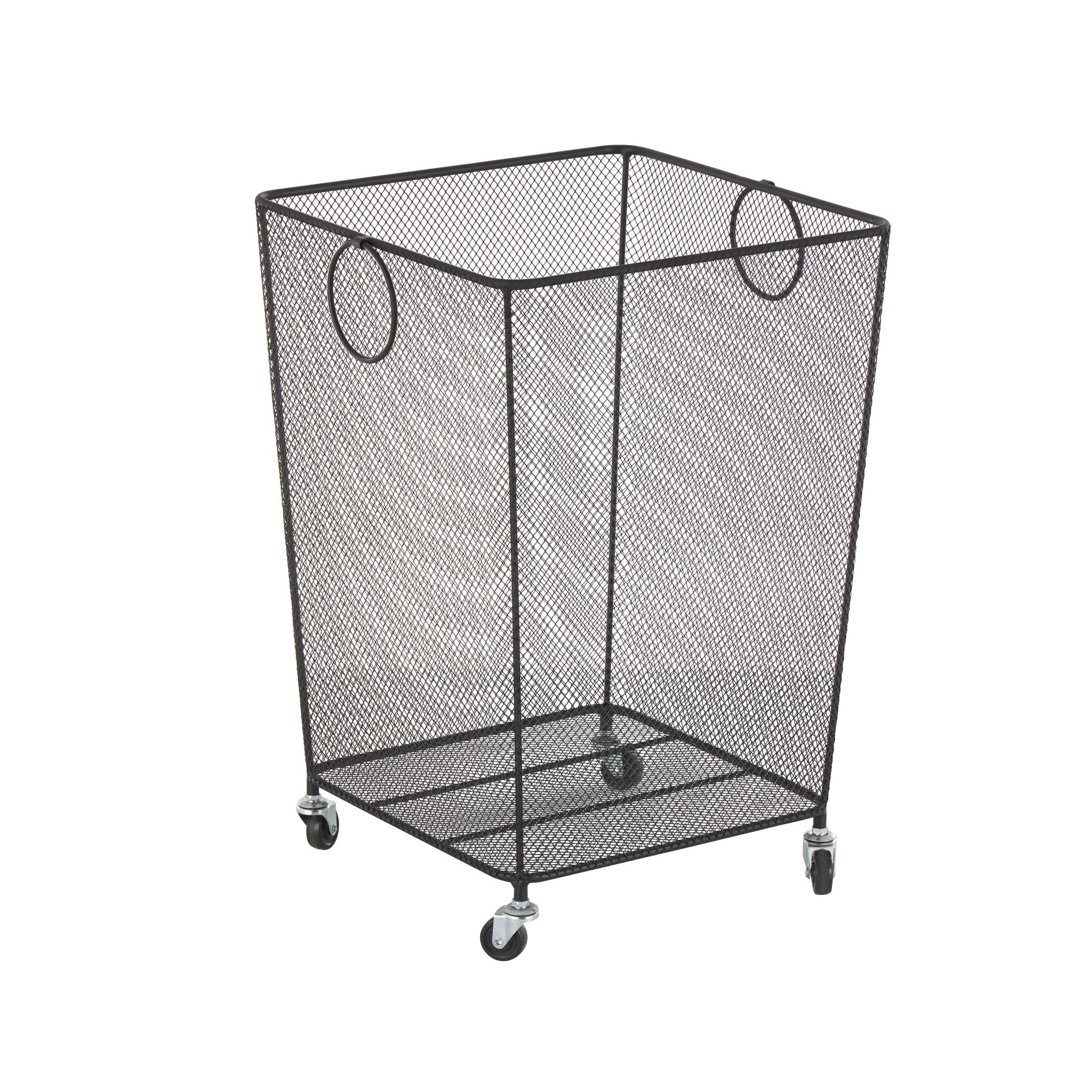 DecMode Black Metal Square Mesh Wire Rolling Laundry Storage Cart with Ring Handles
