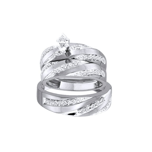 AFFY White Natural Diamond Engagement & Wedding Trio Band Ring Set In 10k White Gold (0.75 Cttw)