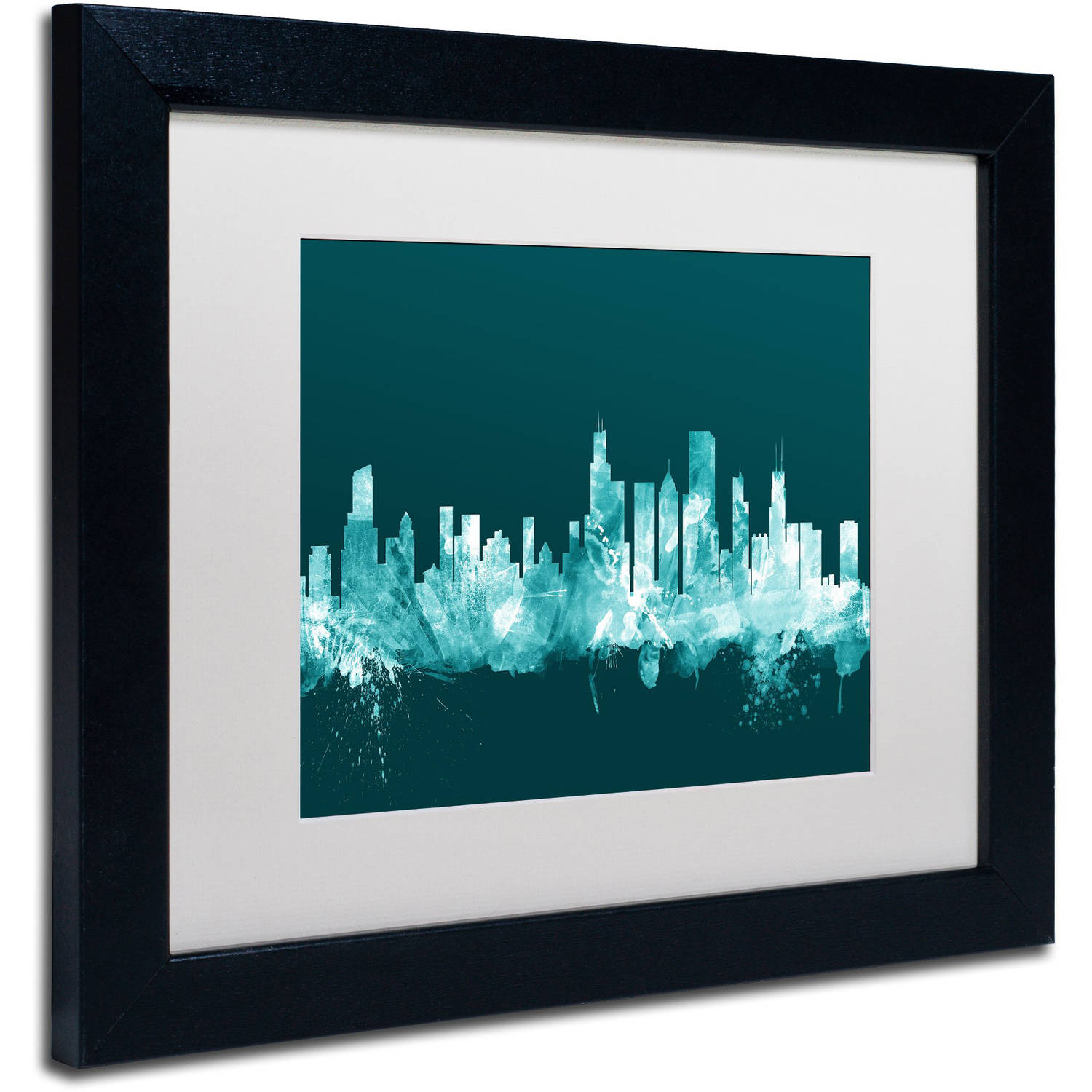 Trademark Fine Art "Chicago Illinois Skyline Teal" Canvas Art by Michael Tompsett, White Matte, Black Frame