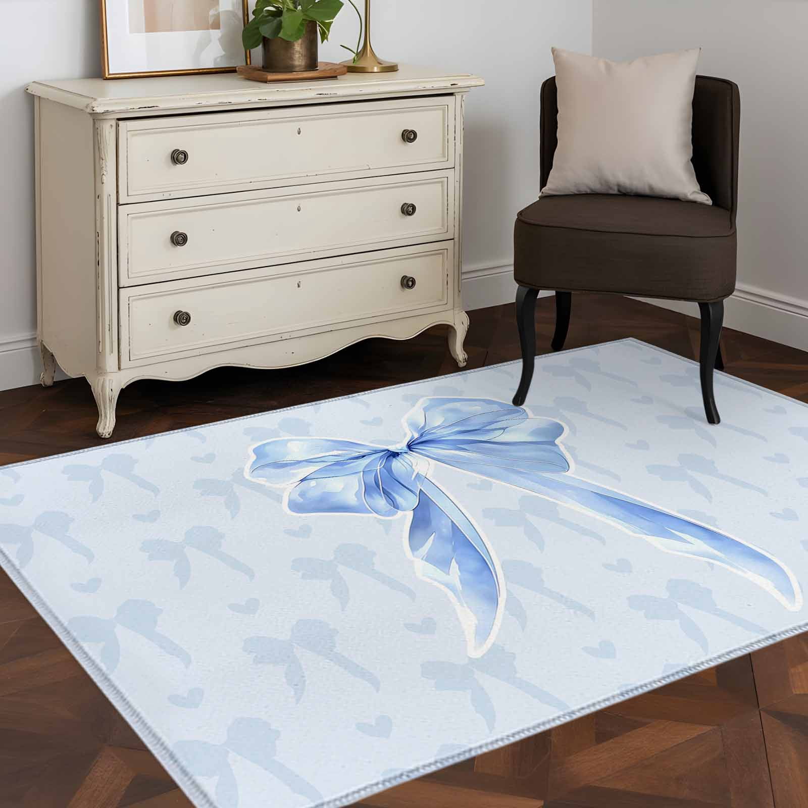 Cute Bow Area Rugs 4'x6', Washable Small Throw Rugs for Office Bathroom, Blue Bowknot Minimalist Solid Color Indoor Outdoor Rug Non-Slip Low Pile Carpet Runner Reversible Floor Mats