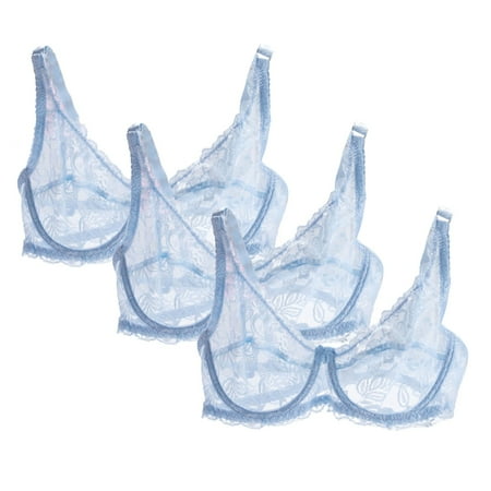 Huvoen Women s 3pc Lace Sheer Bra Unlined Minimizers Underwire Full Coverages Lingerie Bras Having Steel Rings Light Blue l