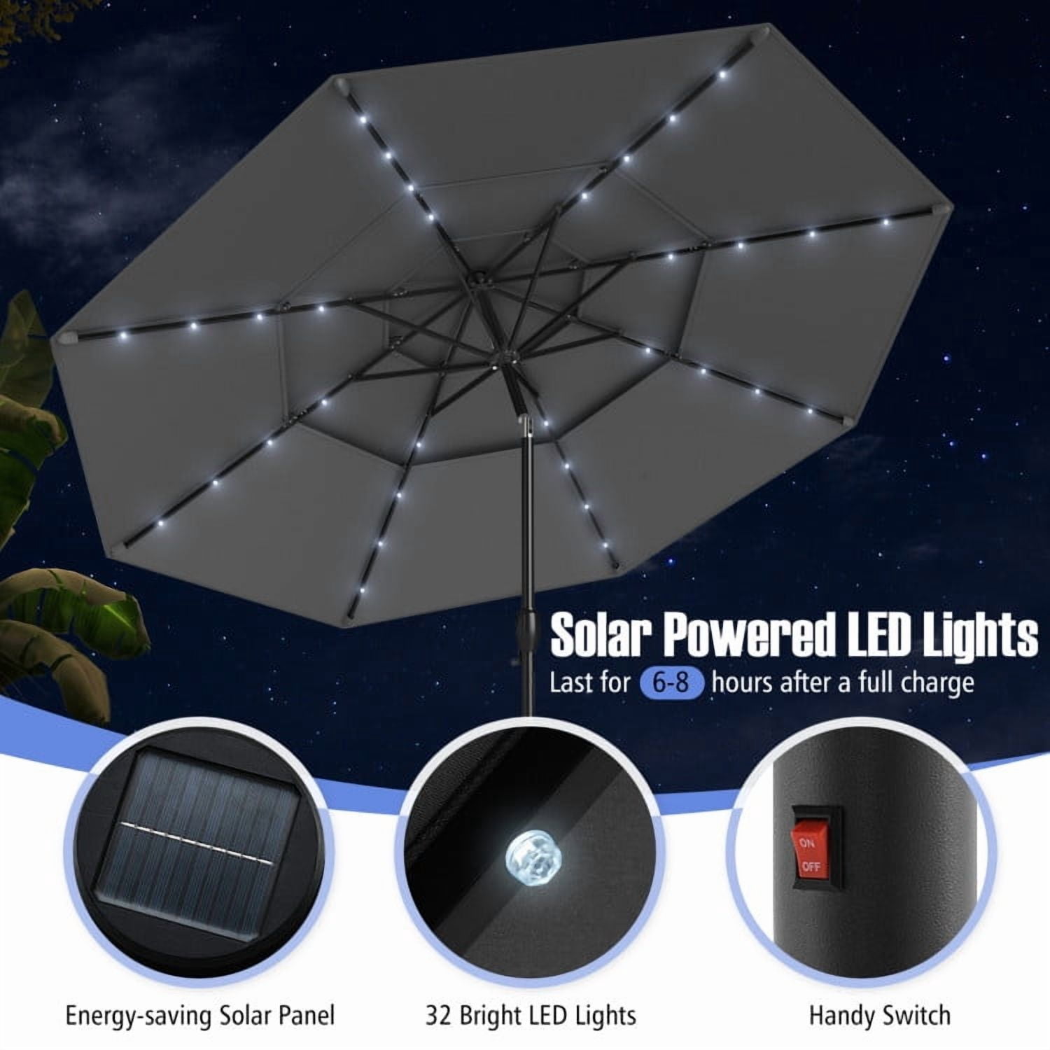 YYAo Outdoor Garden Umbrella,Market Umbrella,10 Feet Solar Patio Umbrella with 32 LED Lights 3-Tier Vented Top-Gray