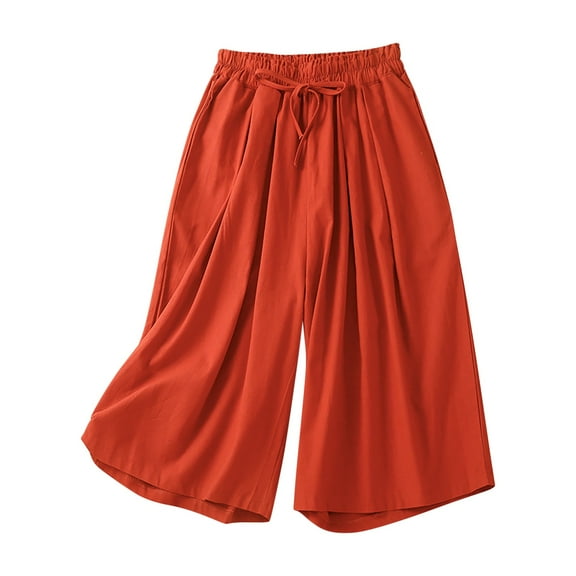 XuJwPNcy Cotton Linen Pants Women Drawstring Elastic Waist Capri Pants Casual Wide Leg Beach Capris with Pockets