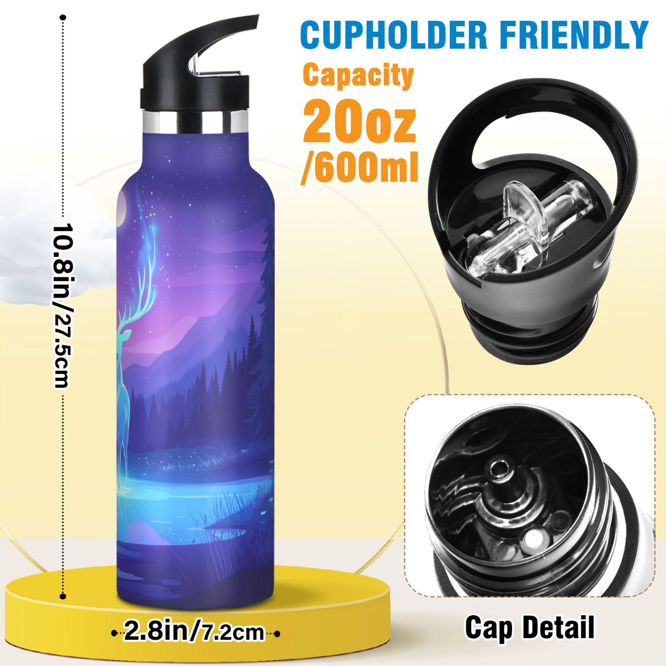 600ML Stainless Steel Insulated Cup Sports Water Bottle Portable Thermos Cup Water Glasses Insulated Tumblers Convenient and Durable Cartoon Purple Elk