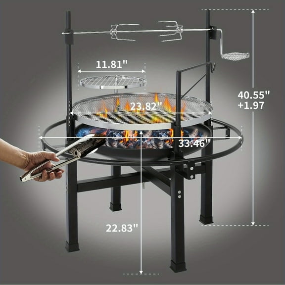 A 33-inch outdoor fire pit with 2 grills, a wood-burning area with a rotating cooking grate, and a detachable grill for a backyard terrace for picnic barbecues
