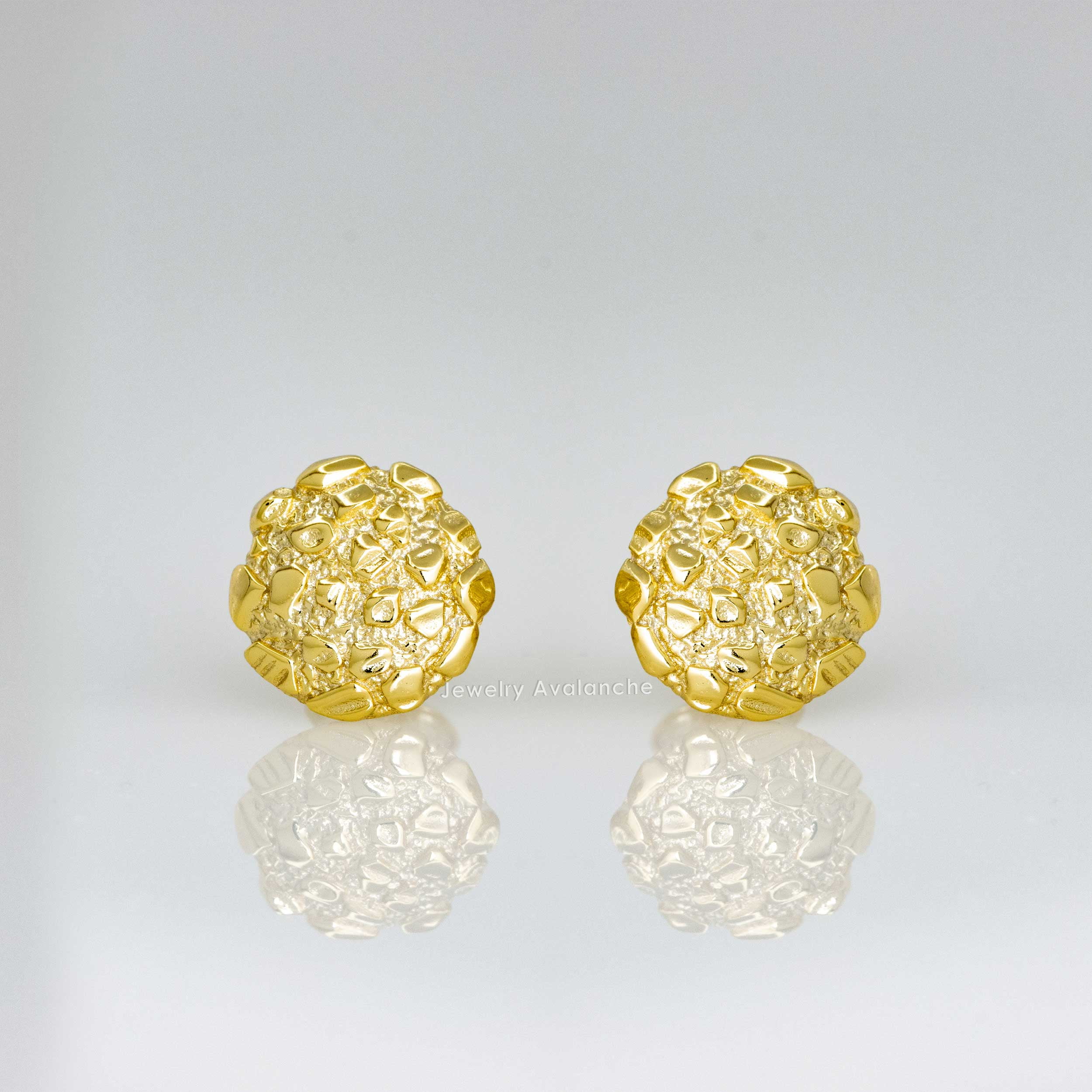 Nugget Stud Earrings - Yellow Gold Plated Sterling Silver Textured Chunky Studs - Hypoallergenic Minimalist Earrings for Men-Women 10mm