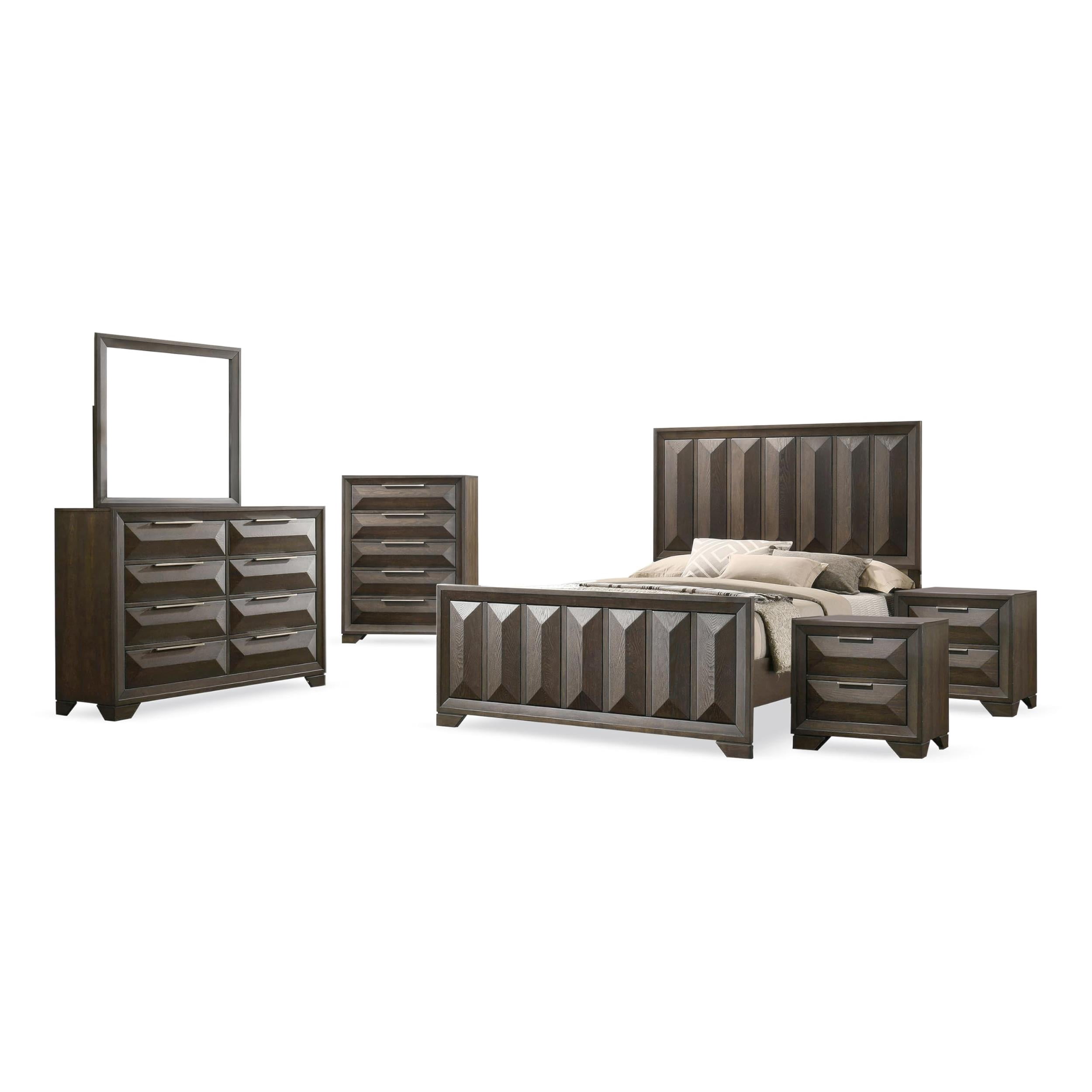FOA Werren 6pc Espresso Wood Bed Set - Queen+2 Nightstands+Chest+Dresser+Mirror