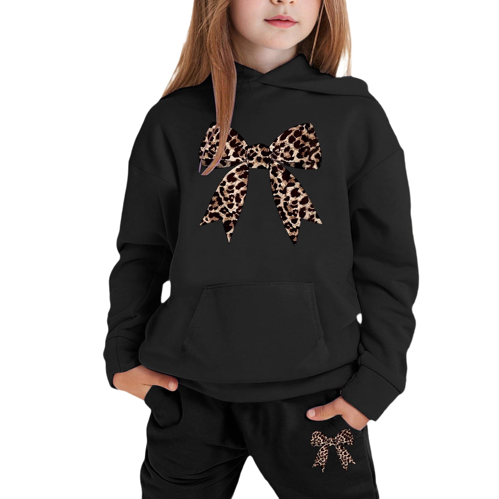 Tween Girls Outfits Sets Winter Hoodie Joggers Comfy Casual Kids Print Fall Girls Clothing Sets Black Size 10-11T