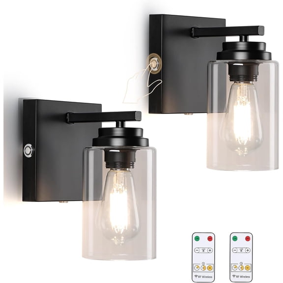 Battery Operated Wall Sconce Set of 2 with Remote Control, Cordless Battery Wall Sconces, Rechargeable Vanity Light Fixtures with Clear Glass Shade for Farmhouse Bedroom Mirror Living Room
