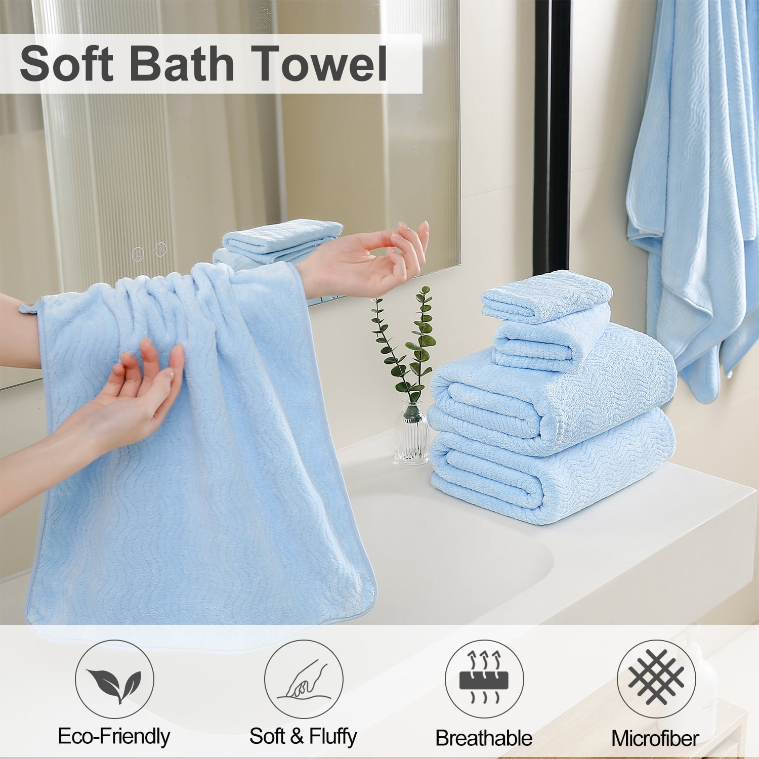 Covina Home 8 Pcs Bath Towel Set Light Blue Microfiber Bathroom Towel Set Ultra Soft Plush Oversized Towels Adult Luxury Bath Sheet