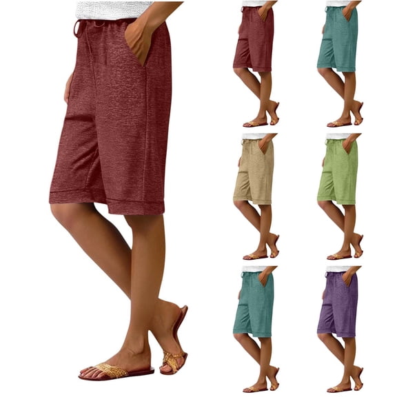 Lovzfmll Women's Drawstring Waist Bermuda Shorts, Solid Color Casual Shorts with Side Pocket & Cuff, Summer Pants Wine, S