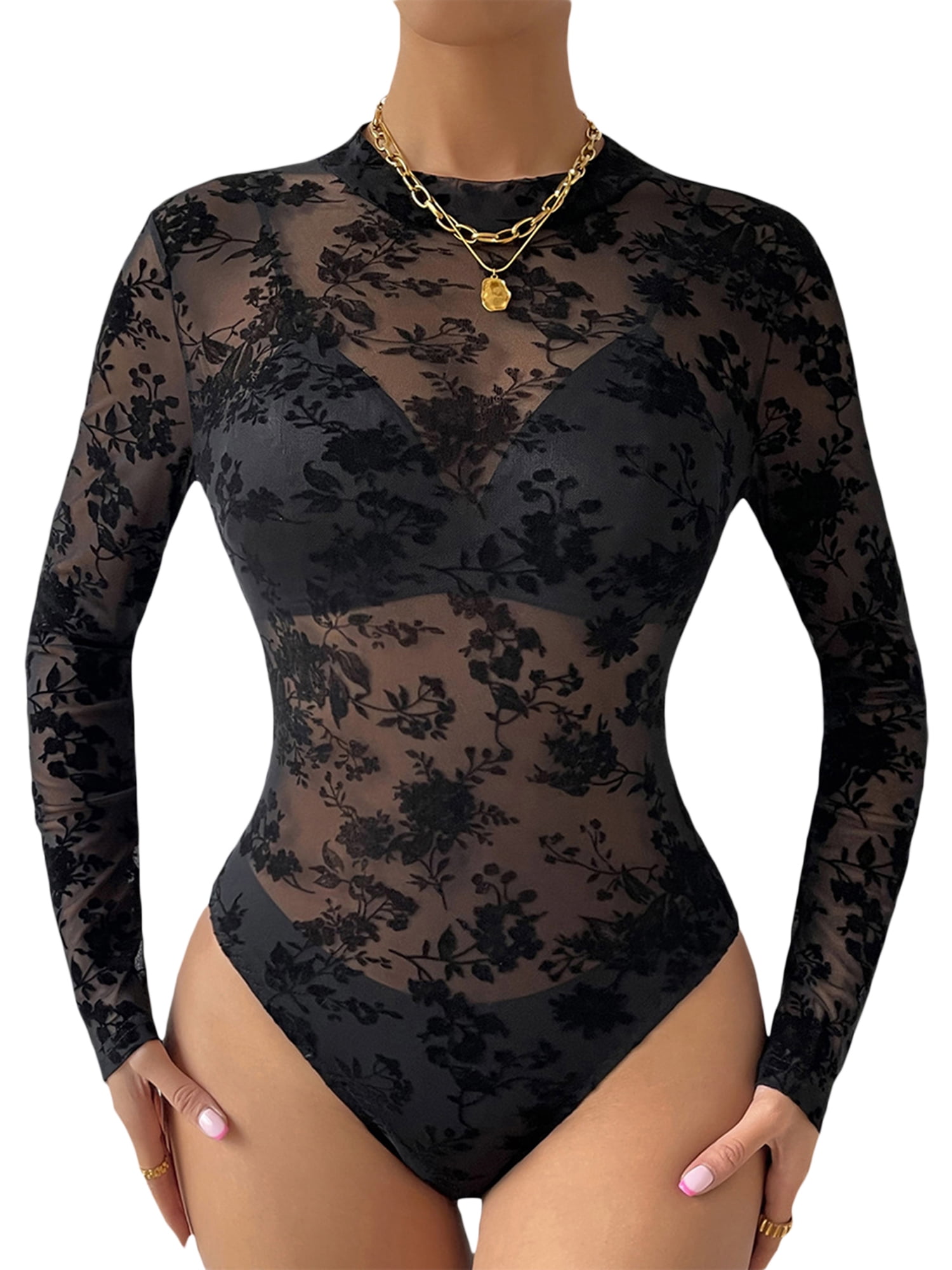 sheer over one-piece（black） Women Sheer Mesh Bodysuit Long Sleeve Round Neck Floral One