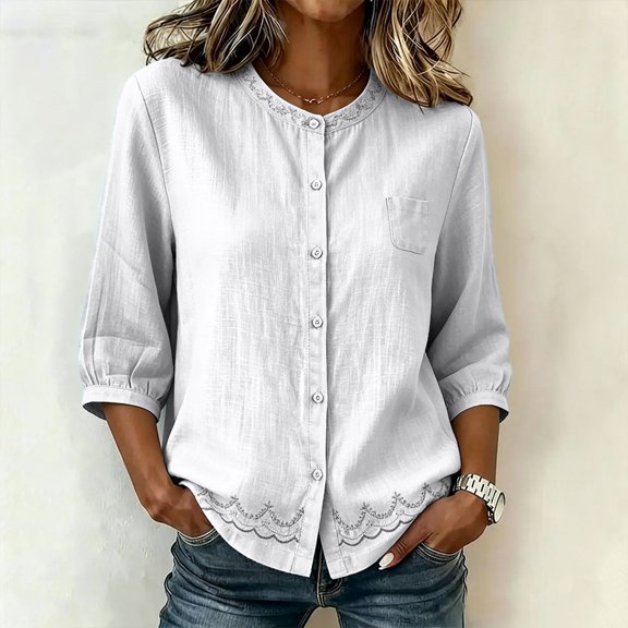 Uootdi Gift Womens Tops Round Neck Button Front Three Quarter Sleeve Floral Embroidered Plain Womens Blouses Relaxed Fit Elegant Office Wear Soft Womens Shirts
