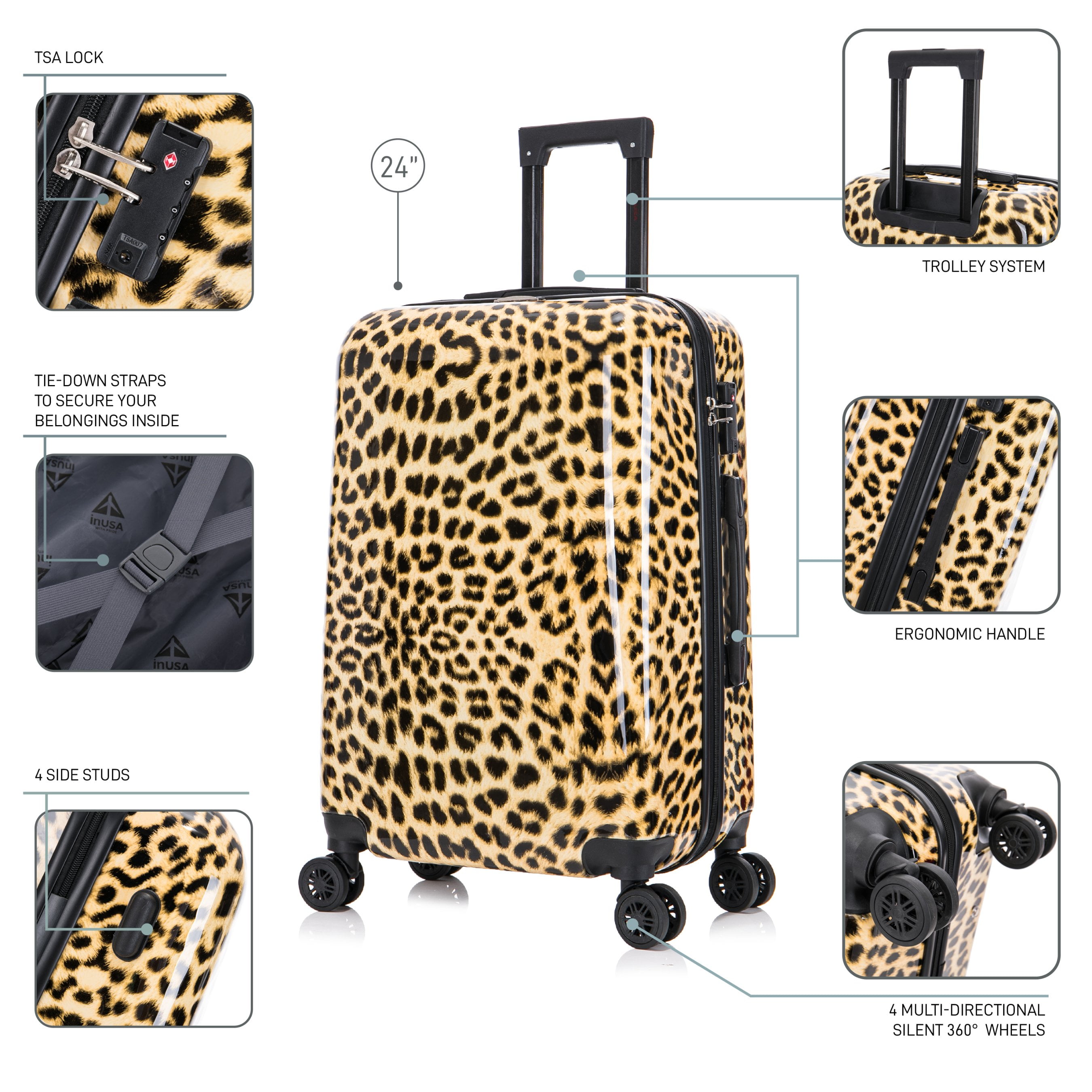 InUSA Print 24" Hardside Lightweight Luggage with Spinner Wheels, Handle, Trolley, Cheetah