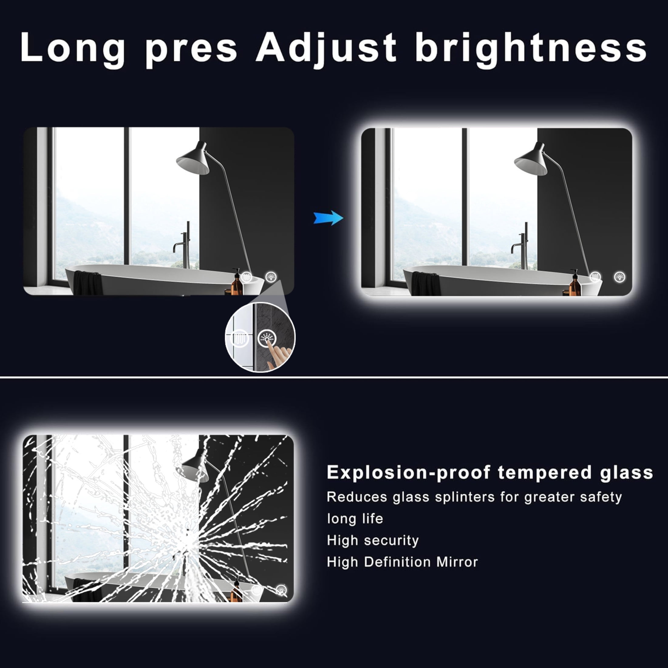 Noble House 30"x40" Rectangular LED Backlit Bathroom Mirror, Anti-Fog, Dimmable 3-Color Lighting