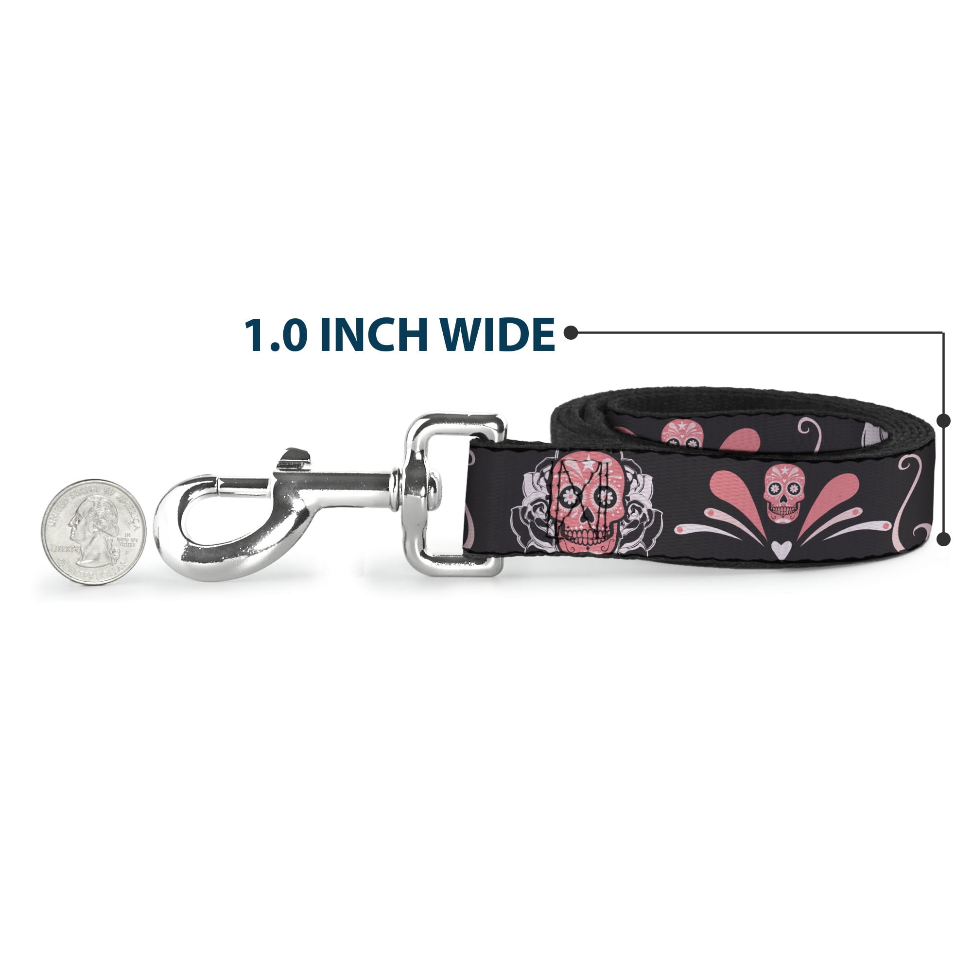 Buckle-Down Pet Leash, Dog Leash, Sugar Skulls Gray Pink, 6 Feet Long 1.0 Inch Wide