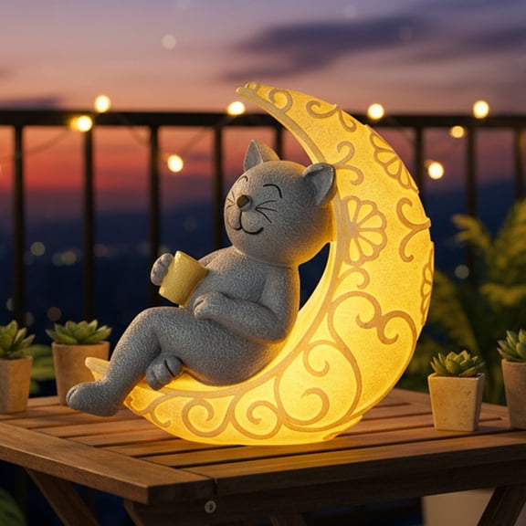 Solar Cat Garden Statue Decor, Moon Cat Figurine for Patio Balcony Yard Lawn Outdoor, “I Love You to the Moon and Back” Birthday Housewarming Gift for Mom Grandma Women Cat Lover