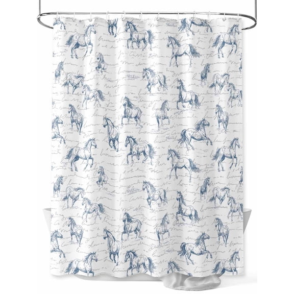 Blue Horse Shower Curtain Set, Waterproof Shower Curtains for Bathroom, Watercolor Vintage Animals Washable Fabric Cloth Bath Curtain for Bathtub Decoration with Hooks 72x78 Inches