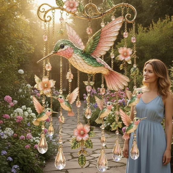 Graceful Hummingbird Wind Chime, Stained Glass & Crystal Sun Catcher Windchime for Outside, Colorful Bird Yard Decorations Outdoor, Memorial Gardening Gift for Women Mom Grandma
