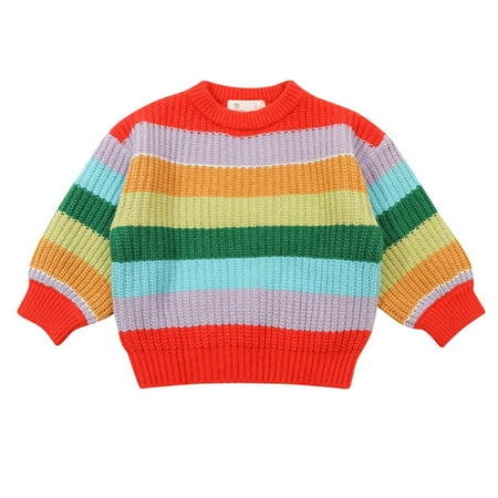 

Toddler Baby Girl Rainbow Stripe Knit Sweater Long Sleeve Stitching Color Crew Neck Loose Knitted Pullovers Jumper Tops 1-7T