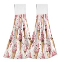 Yayeee Kitchen Hanging Hand Towels Set of 2 with Loop Bathroom Absorbent Tie Towel, Pink Ice Cream Pattern