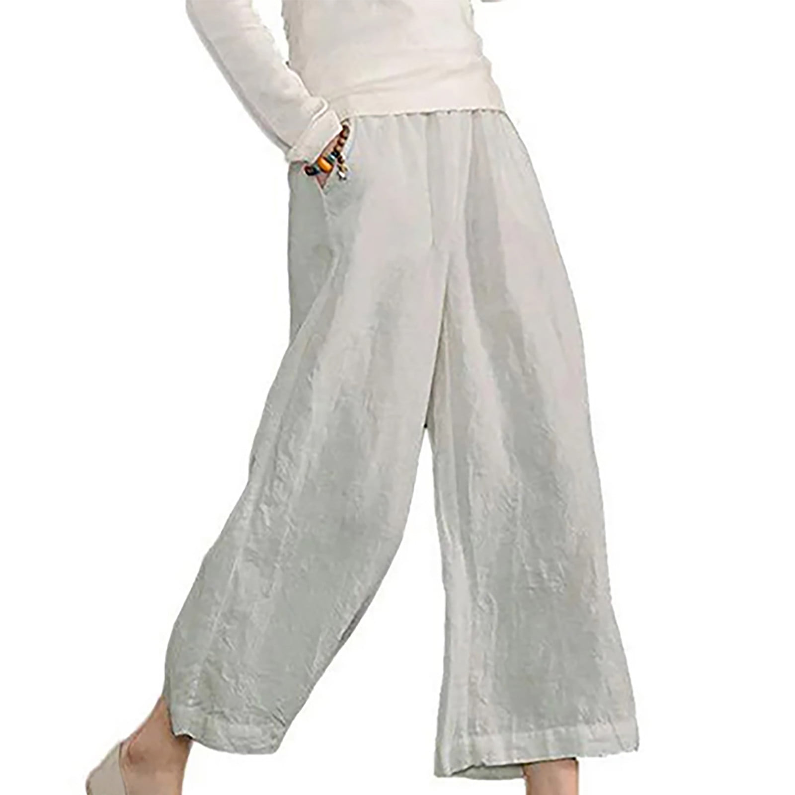 FAKKDUK Linen Pants for Women Ladies Casual Summer Work Pants Elastic