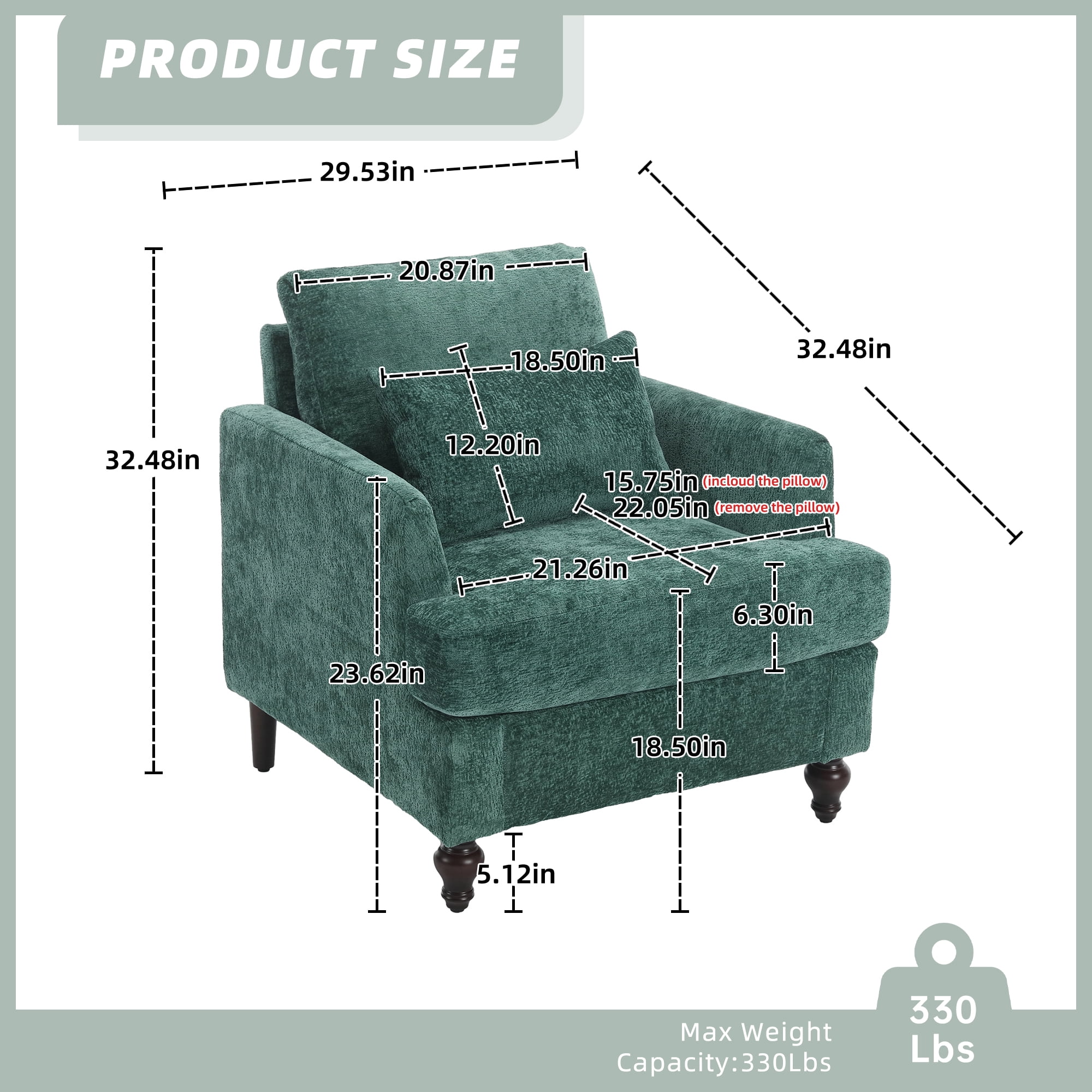 MOONMISS Modern Accent Chair, Wood Frame Upholstered Chenille Arm Chair, Comfy Small Single Couch For Living Room, Bedroom,Office Room Emerald