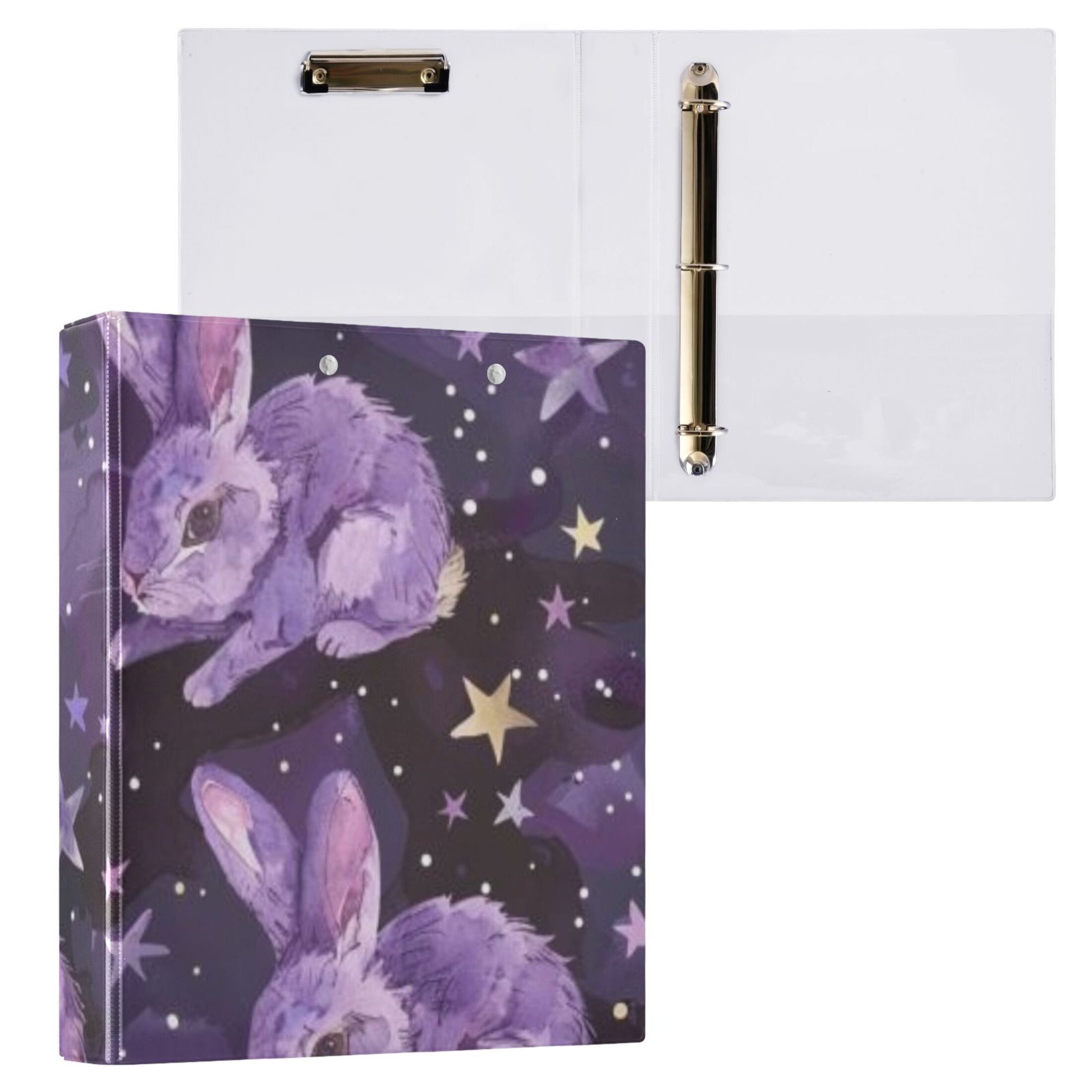 Purple Rabbits Stars 3 Ring Binders 1.5 inch Hardcover File Folders with Interior Pockets A4 Size Organizer for School Office Hospital