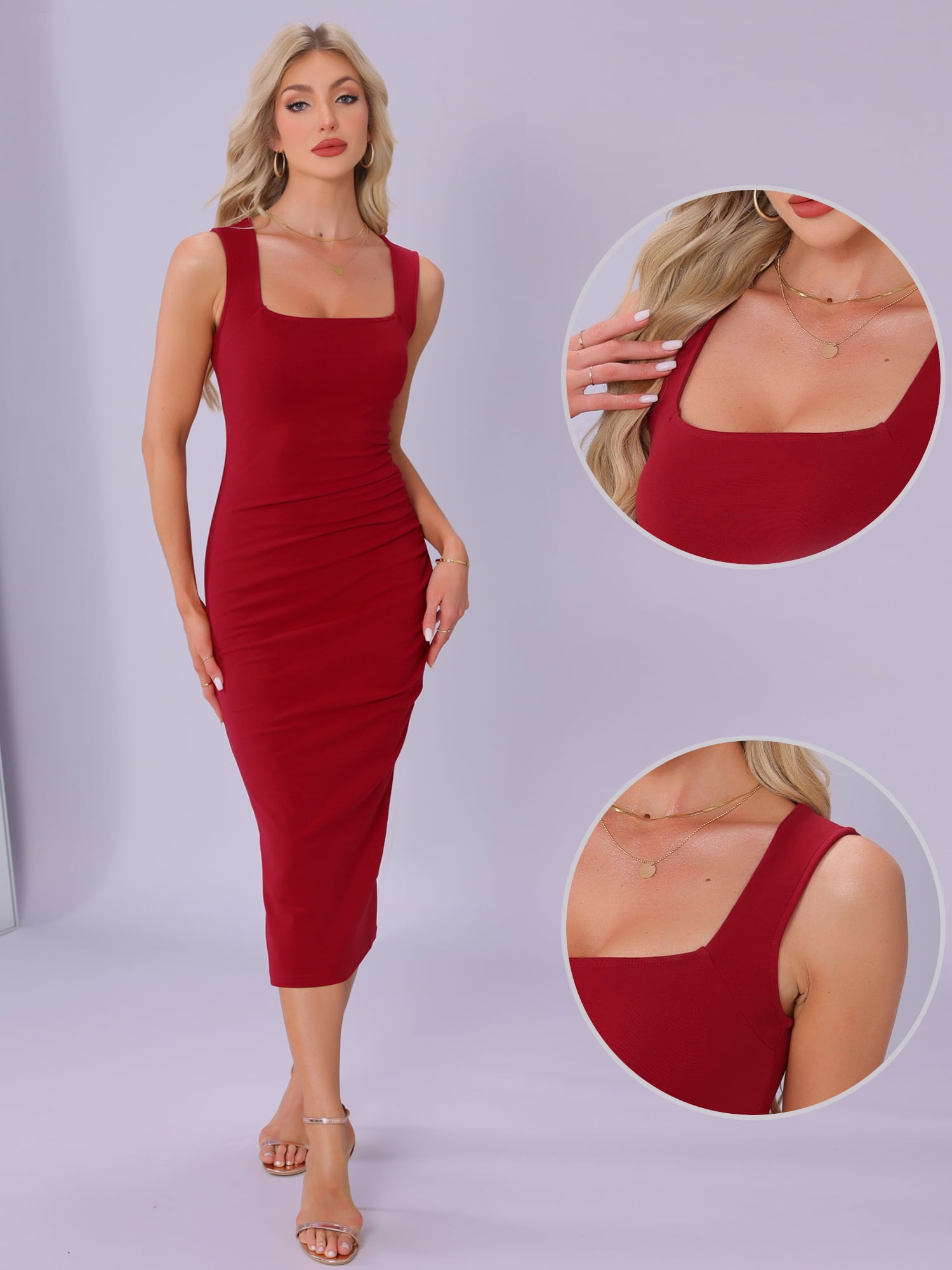 DARING DIVA Square Neck Waisted Ruched Tank Midi Dress XL Red