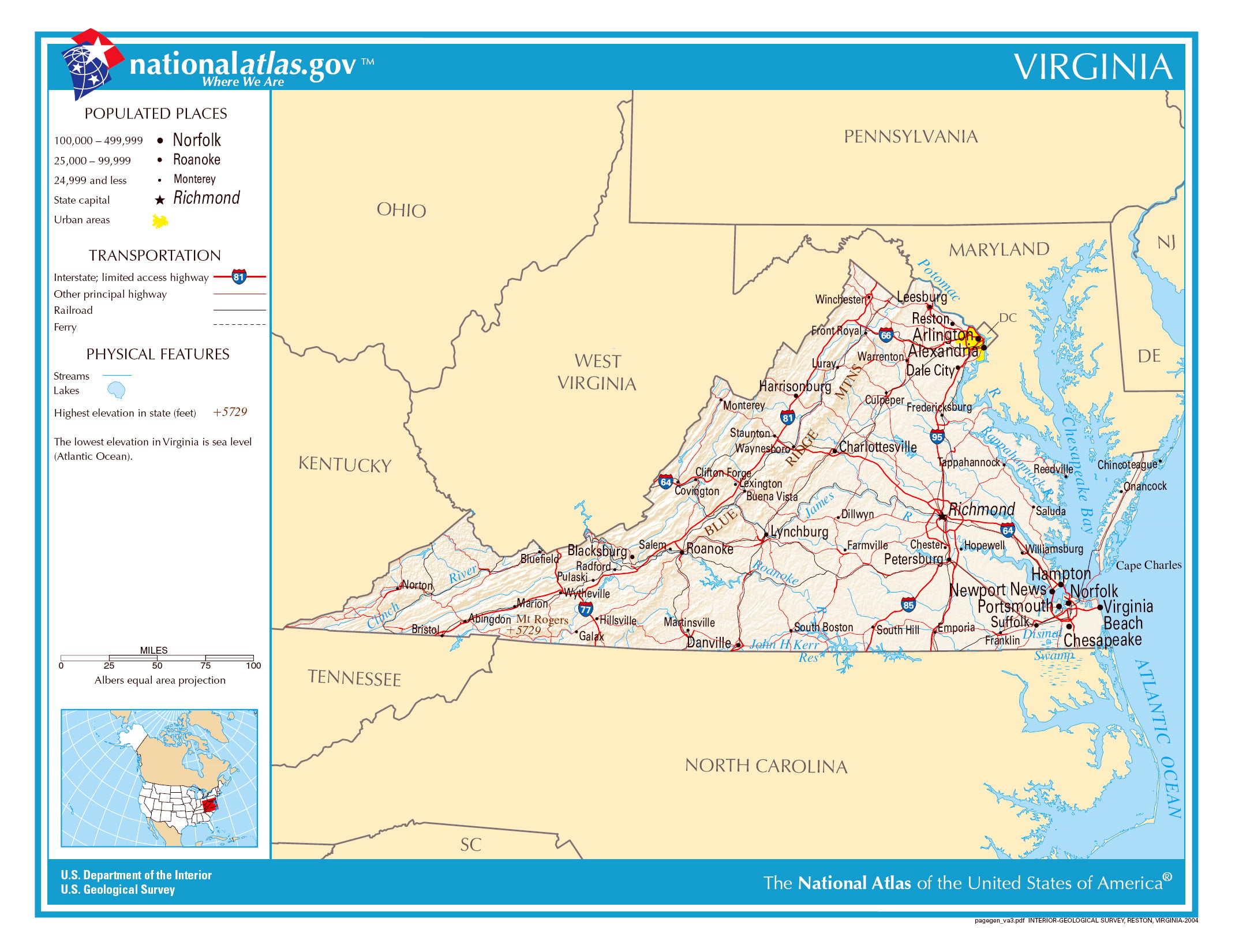 Large detailed map of Virginia state Poster 20 x 3020 Inch By 30 Inch