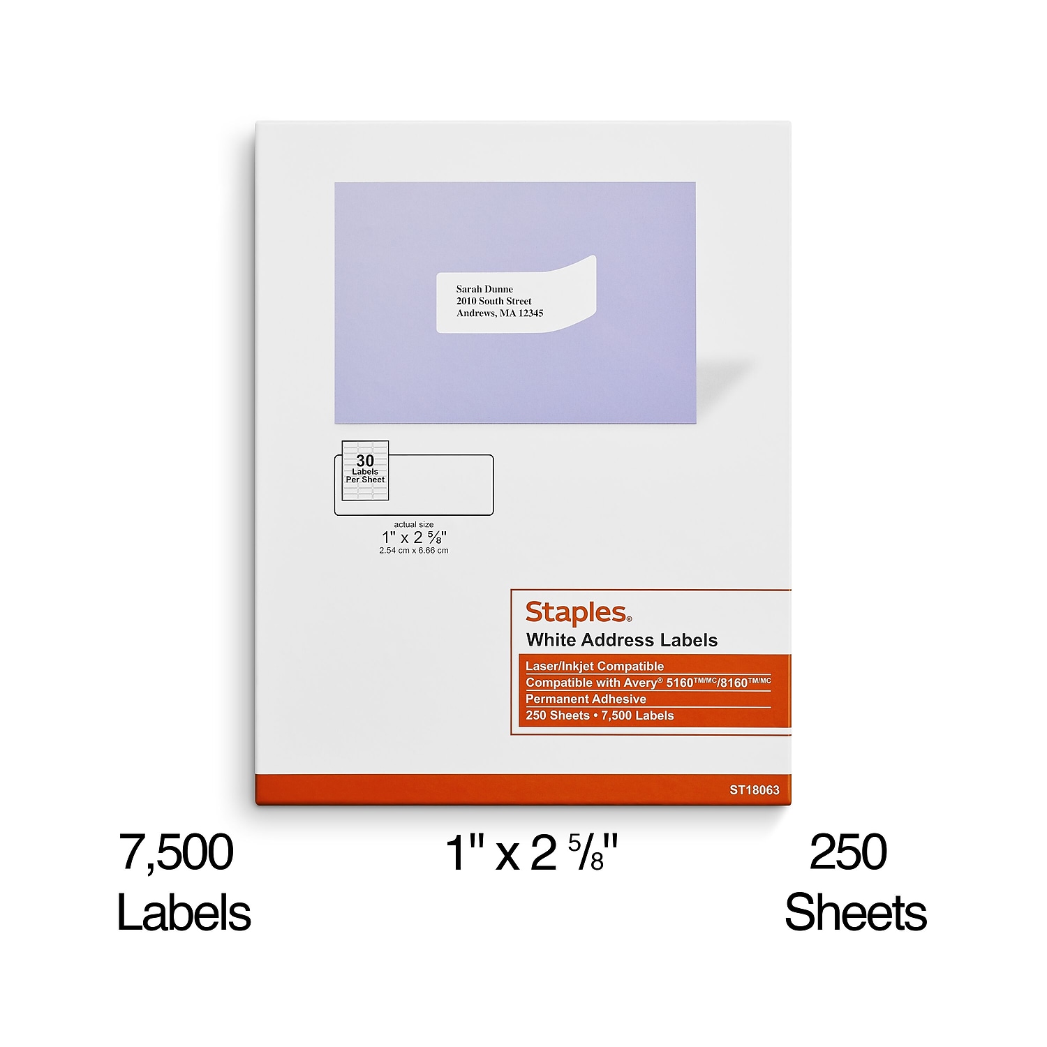 Staples Laser/Inkjet Address Labels 1" x 2 5/8" White 30 Labels/Sheet 18063/SIWT100