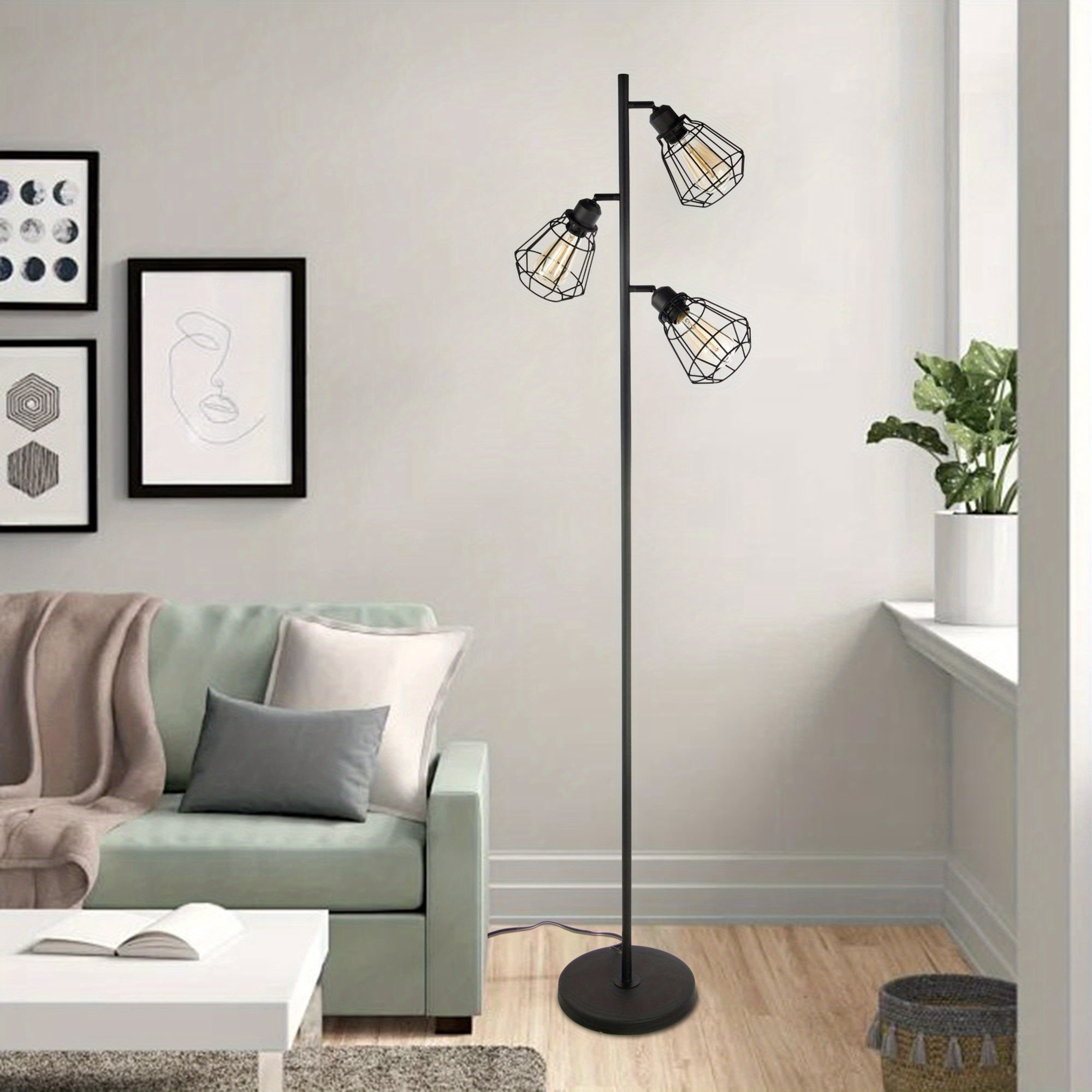 Tree Floor Lamp for Living Room with 3 Elegant Teardrop Heads And ST64 Edison Bulbs, Sturdy Base, Tall Vintage Pole Lamp for Cottage Rustic Bedroom Office