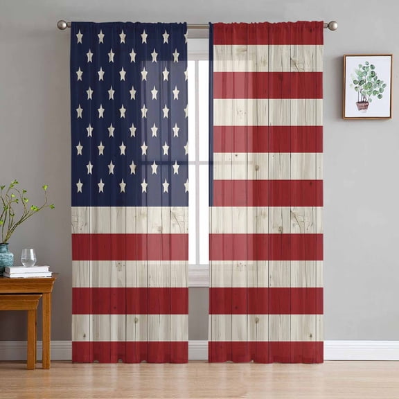 American Flag Sheer Curtains 84 Inch Length 2 Panels Set for Living Room/Bedroom, Vintage Wooden Star Striped Red Blue Semi Curtain Sheers Drapes Rod Pocket Curtains Window Treatment Set 52''x84''x2