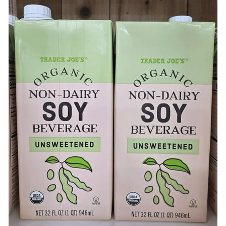 Trader Joe's Organic Non-Dairy SOY Beverage Unsweetened 32fl oz 946ml (2 Cartons)