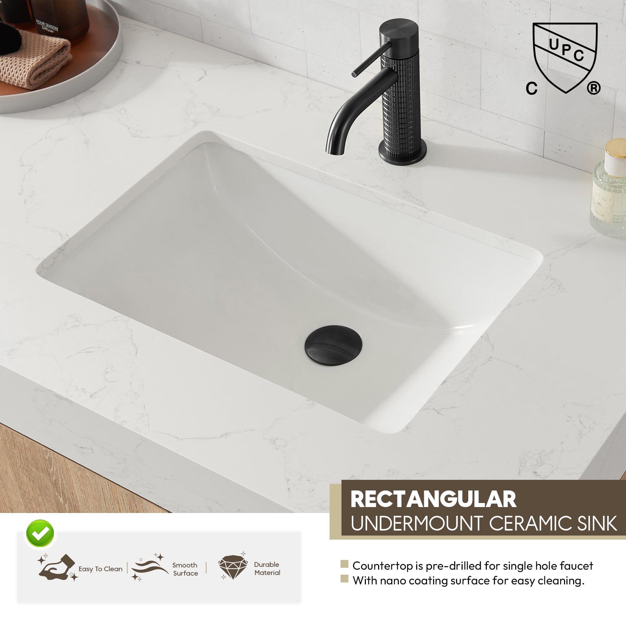 Vinnova Alistair 36" White Stone Top Oak Single Vanity Black Frame w/o Mirror