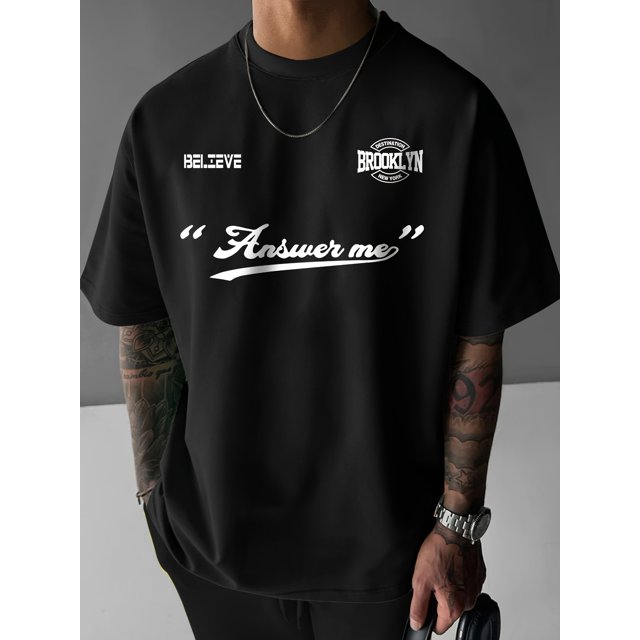 Believe Brooklyn Symmetrical Design Print, Men's Short Sleeve Round Collar Street T-shirt For Summer & Spring