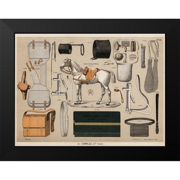 Vintage Drawings 14x12 Black Modern Framed Museum Art Print Titled - Horses with Antique Riding Equipment I