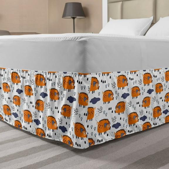 Cartoon Bed Skirt, Baby Animal Piglet Repetitive Pattern on Plain Background, Elastic Bedskirt Dust Ruffle Wrap Around for Bedding Decor, 4 Sizes, Orange Dark Indigo, by Ambesonne