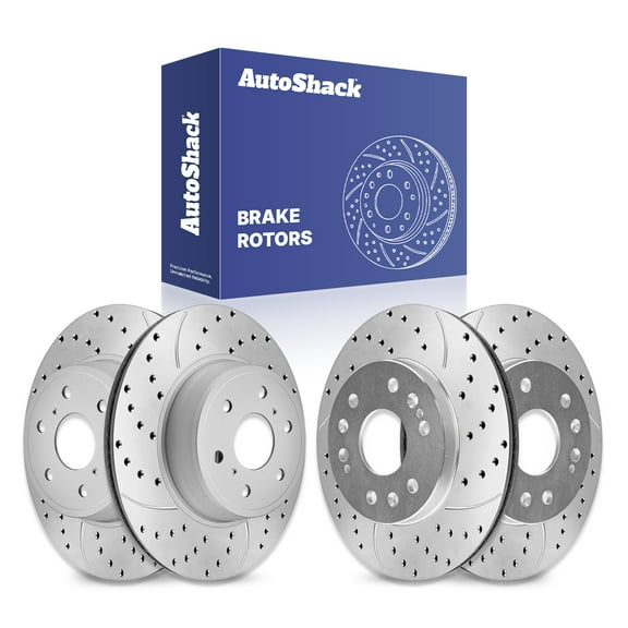 AutoShack Front Vented & Rear Vented Drilled & Slotted Coated Brake Rotors Silver Matte Finish 4-PC Set Replacement for 2007-2018 Chevrolet Silverado 1500 2007-2018 GMC Sierra 1500 TurboGuard